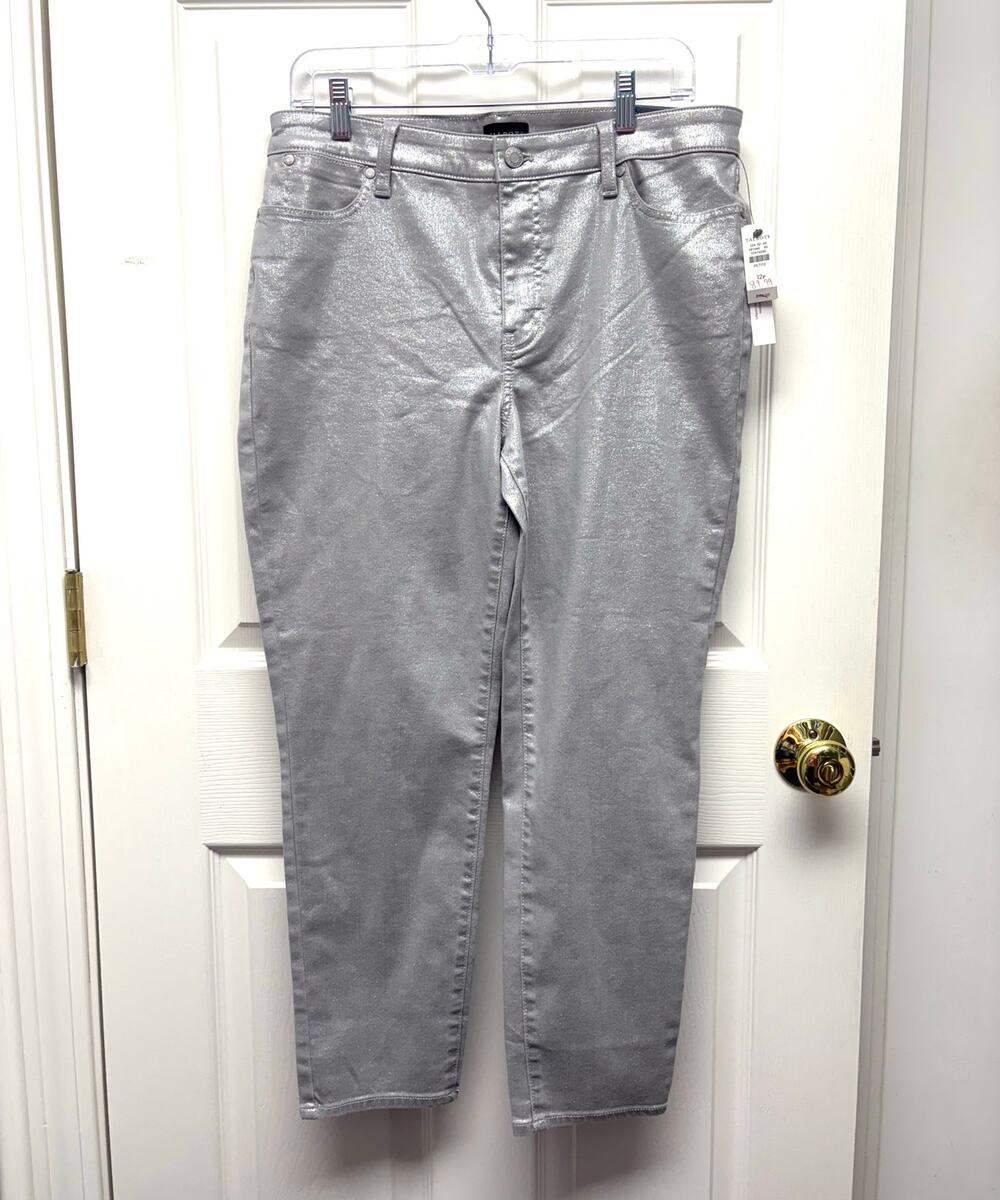 NWT Talbots Metallic Silver Jeans Holiday Slacks Slim Ankle Women's Size 12P